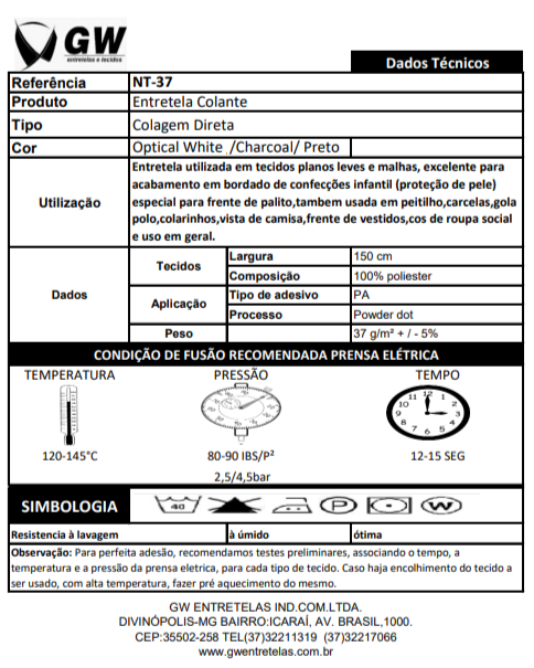 Entretela Importada Não Tecida Colante - NT 37 | 37 Gramas m² | 100% Poliéster