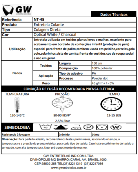 Entretela Importada Não Tecida Colante - NT 45 | 45 Gramas m² | 100% Poliéster