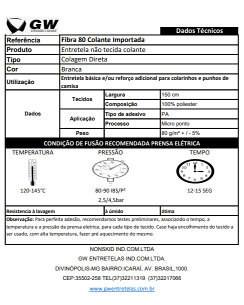 Entretela Importada Não Tecida Colante - Fibra 80| 80 Gramas M² | 100% Poliéster